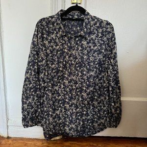Navy blue floral button down blouse